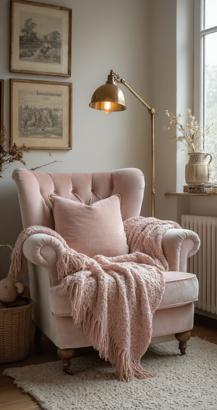 Close-up van een vintage fauteuil in zachtroze velours, verlicht door een messing leeslamp, omringd door wandplanken met oude prentenboeken en vintage knuffels, met gehaakte dekens in pasteltinten voor extra warmte in een compacte leeshoek.