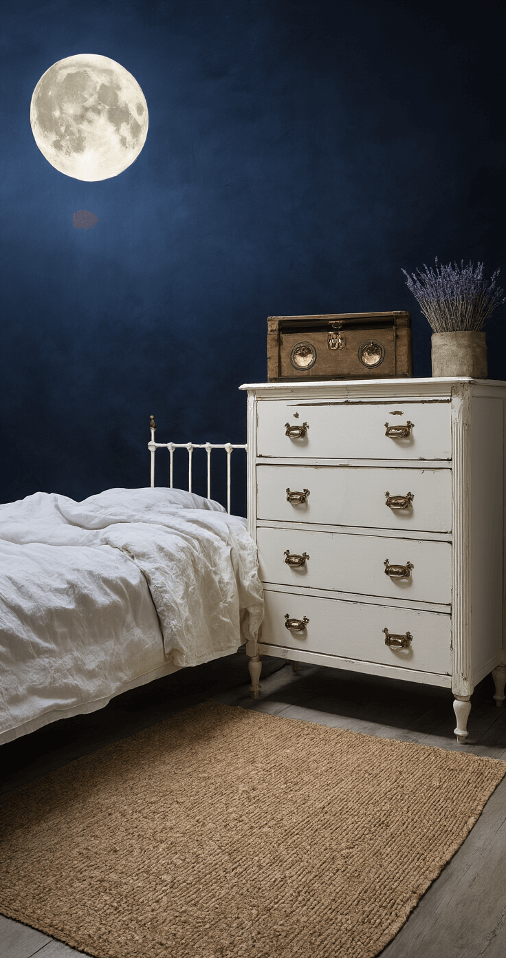 Rechthoekige slaapkamer in maanlicht met een antiek wit ledikant omringd door vintage nachtkastjes, verlicht door zachte, gefilterde stralen van de maan door kanten gordijnen. Een oude muziekdoos en gedroogde lavendel sieren het nachtkastje, vastgelegd vanuit een laag standpunt.