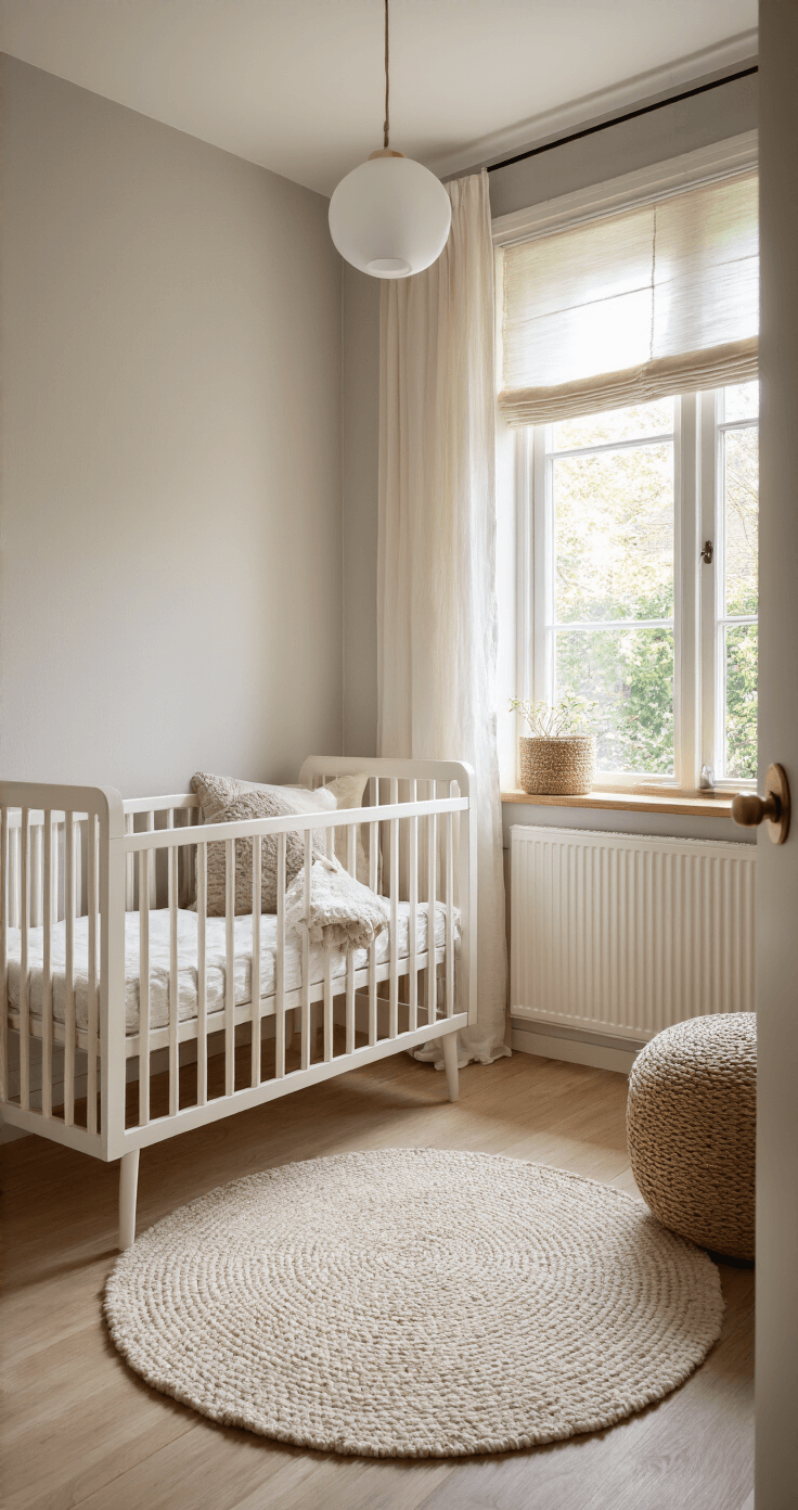 Intieme babykamer van 3x3m tijdens het gouden uur, met warm zonlicht dat door vitrage valt op een wit ledikant met natuurlijk linnen beddengoed, lichtgrijze muren en eiken zwevende planken. Een compacte commode met slanke pootjes en koperen handgrepen. Zacht wollen vloerkleed in roomwit en minimalistische styling met houten speeltjes en een gevlochten opbergmand. Sereen Scandinavische sfeer, gezien vanuit de deuropening.