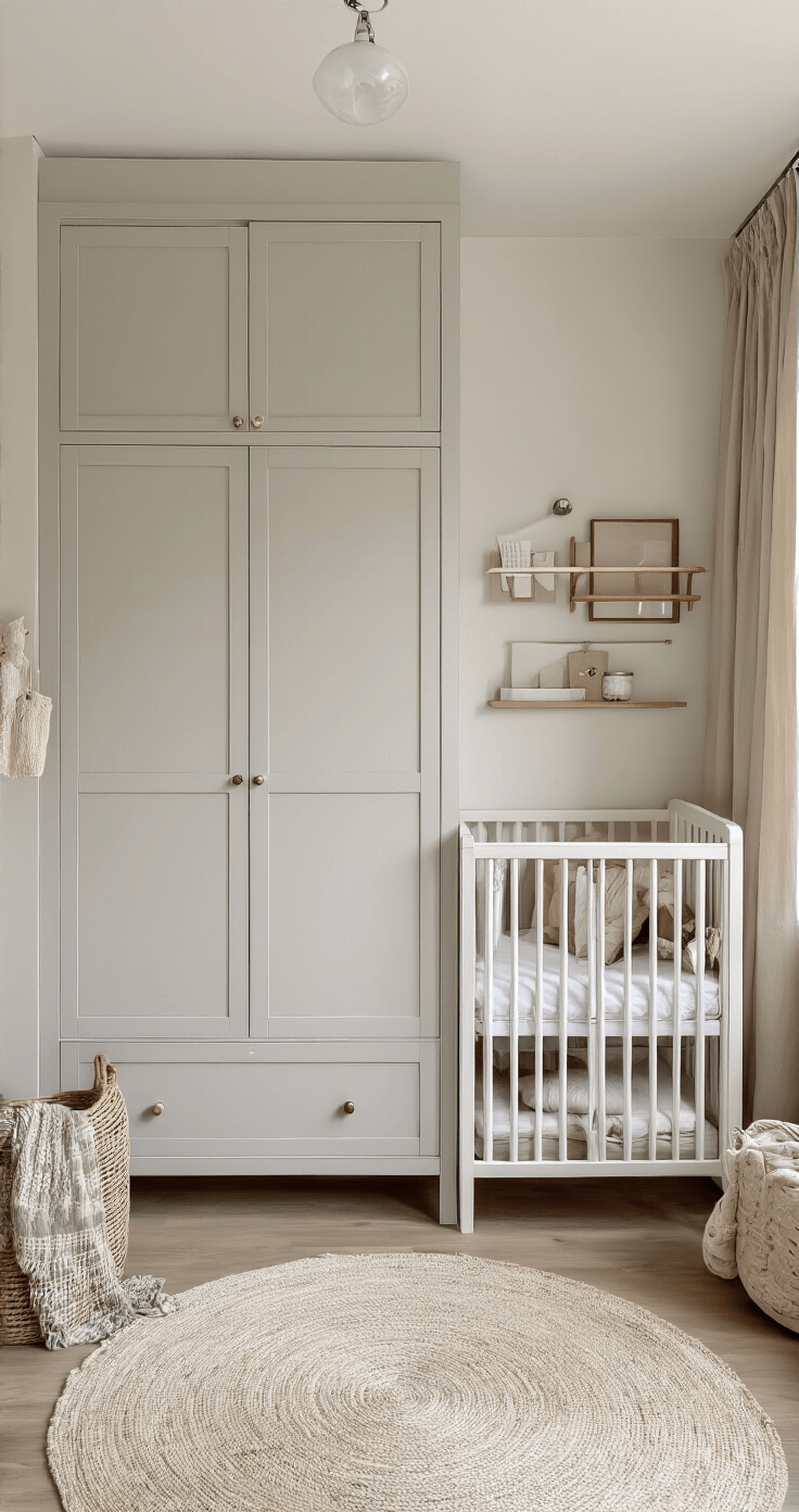 Een babykamer in zachte kleuren met een hoge wandkast in zachtgrijs en een compact wit ledikant met lades. Beige linnen gordijnen filteren het ochtendlicht, en er is een wandorganizer in naturel canvas. Texturen van gebreid plaid, linnen en matte hout accents zijn zichtbaar, met okergele details.
