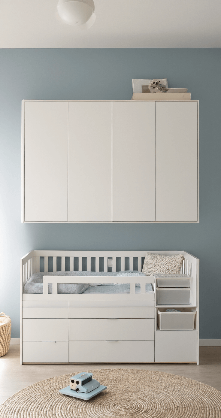 Moderne babykamer van 3x2,5m in middagzon, met witte muren en lichtblauwe accentmuur, zwevende commode, modulair opbergsysteem met transparante boxen en multifunctionele voedingsfauteuil in zachtgrijs linnen.