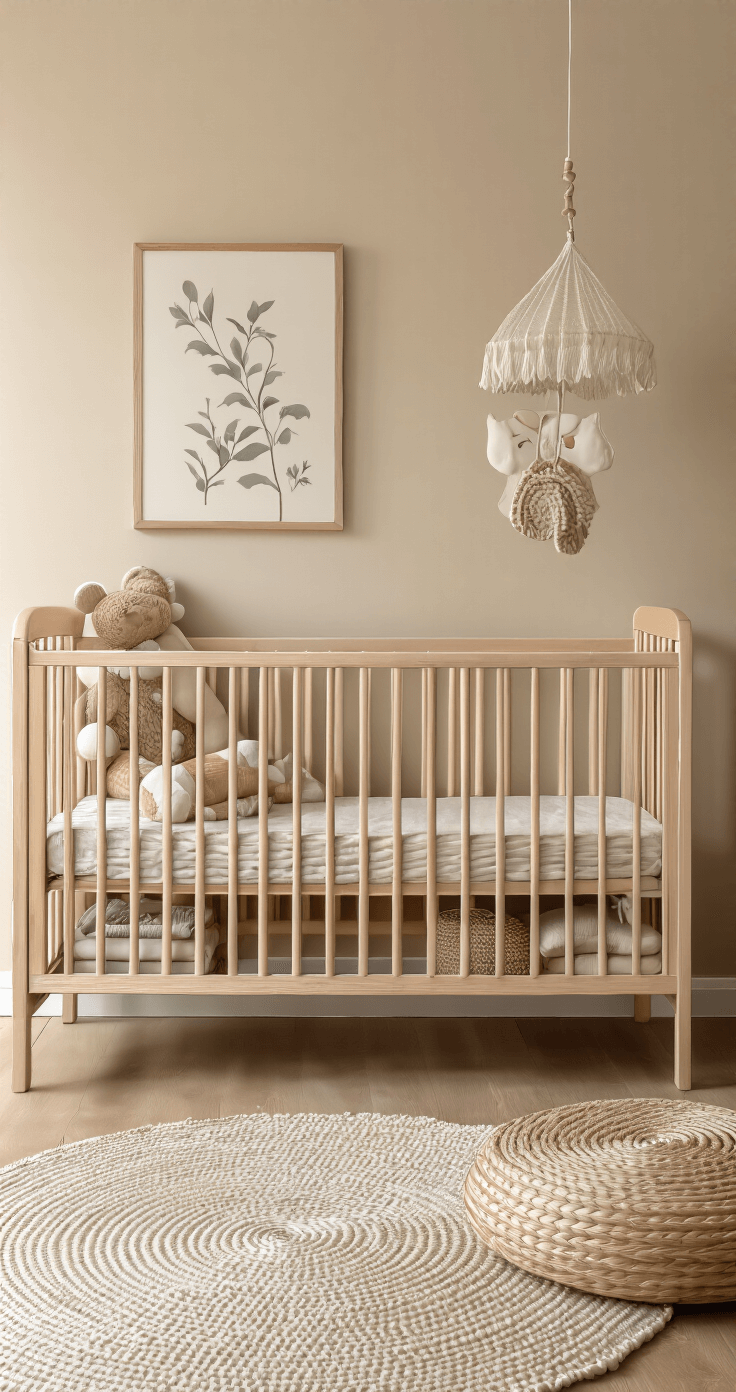 Babykamer in ochtendschemering met natuurlijk houten ledikant tegen een beige muur, asymmetrisch geplaatste wandplanken, een opvouwbare verzorgingstafel met bamboe details en aardetinten opbergzakken. ingericht met botanische prints, gevlochten manden en een linnen hemeltje in een Japandi stijl.