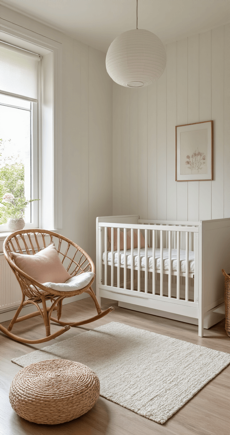 Efficiënte babykamer van 2.7x3m in namiddaglicht met hoogglans witte kastenwand en geïntegreerd ledikant, zwevende planken in visgraatpatroon, vintage rotan schommelstoel met crèmekleurig kussen, gelakte MDF en rotan materialen, en een kleurenpalet van wit, crème en zachtroze accenten.