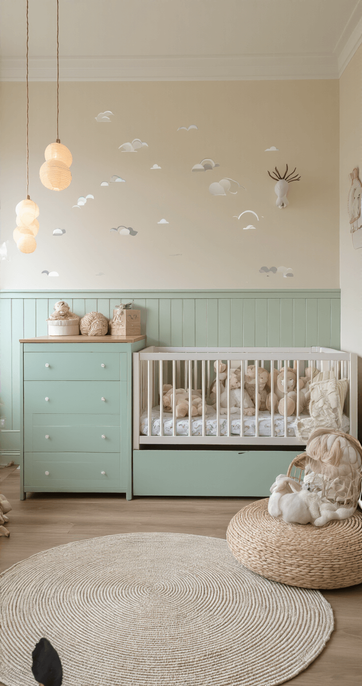 Sfeervolle babykamer tijdens zonsondergang met warmwitte muren en subtiele wolkjes, multifunctioneel ledikant-commode meubel in zacht mint, ronde vloerkleed in concentrische cirkels, en hangende ballonlampjes voor ambient verlichting.