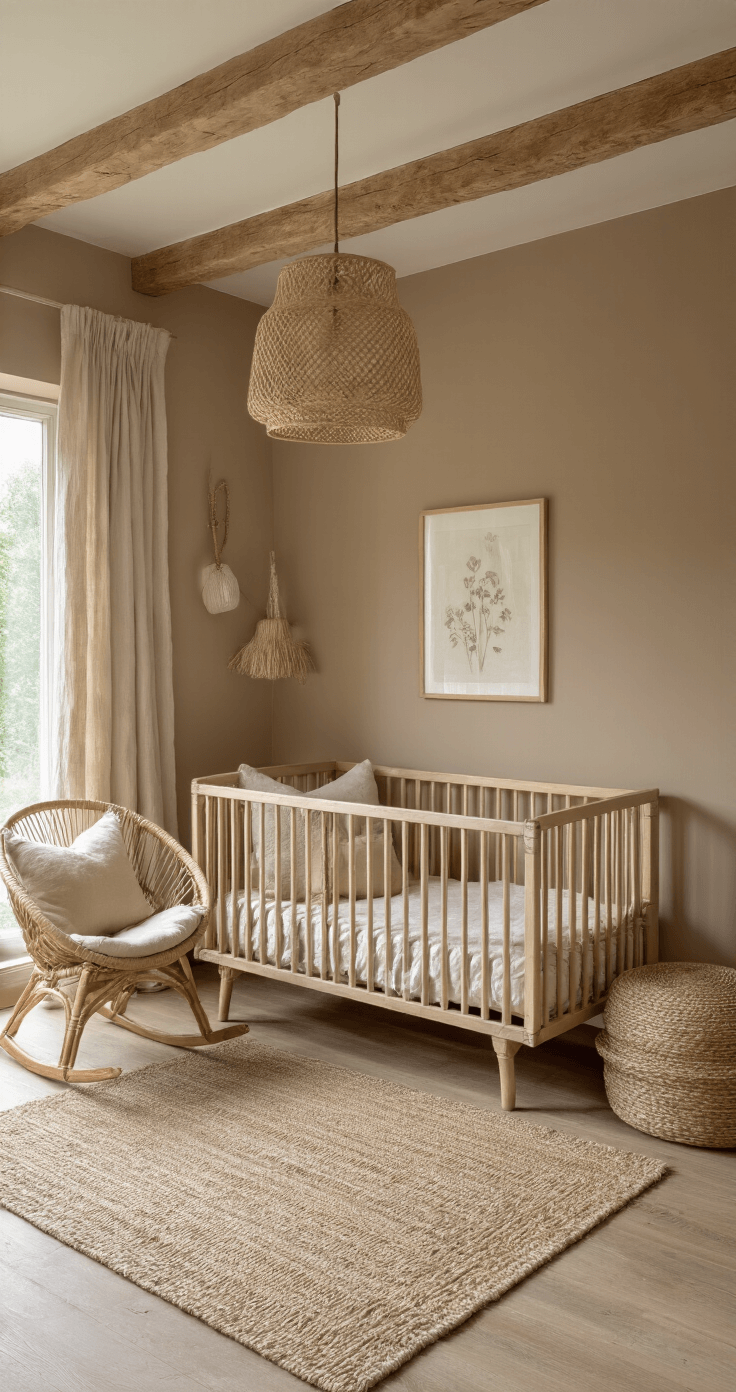 Intieme babykamer in neutrale aardetinten met vintage beige spijlenwieg, eucalyptusgroene bedlinnen en warme taupe muren. Hoge plafonds met houten balken, linnen gordijnen, jute vloerkleed en rotan schommelstoel met crème kussen. Ochtendlicht en low-key verlichting.