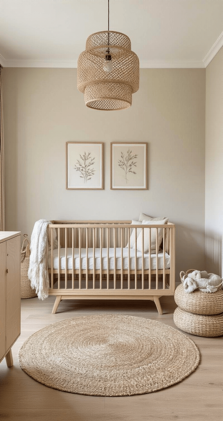L-vormige babykamer in ton-sur-ton beige met een natuurlijk houten ledikant en linnen hemel, omringd door handgeweven tapijten, rotan lampenkappen, en botanische prints. Lichtinval van de zonsopgang en textuurrijke muren in zandtinten.