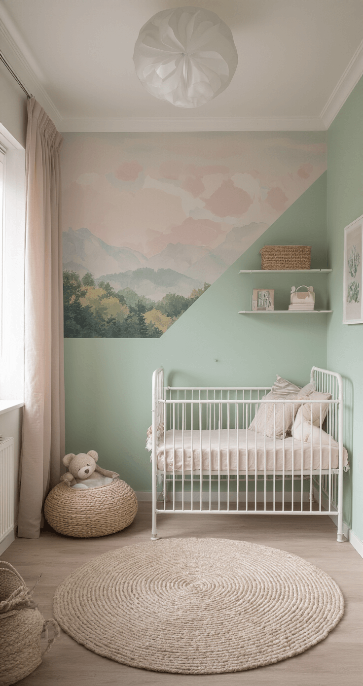 Compacte babykamer van 3x3 meter in zachte pasteltinten, met een schuine wand bekleed met boslandschap behang in aquareltinten. Een wit metalen ledikant staat in een mintgroene wand, omringd door drijvende planken. De textielmix van velours, katoen en wol in poedertinten en transparante tulen gordijnen creëren een warme sfeer, met kristallen lichteffecten die een speelse glans toevoegen, vastgelegd vanuit ooghoogte met focus op dieptewerking.