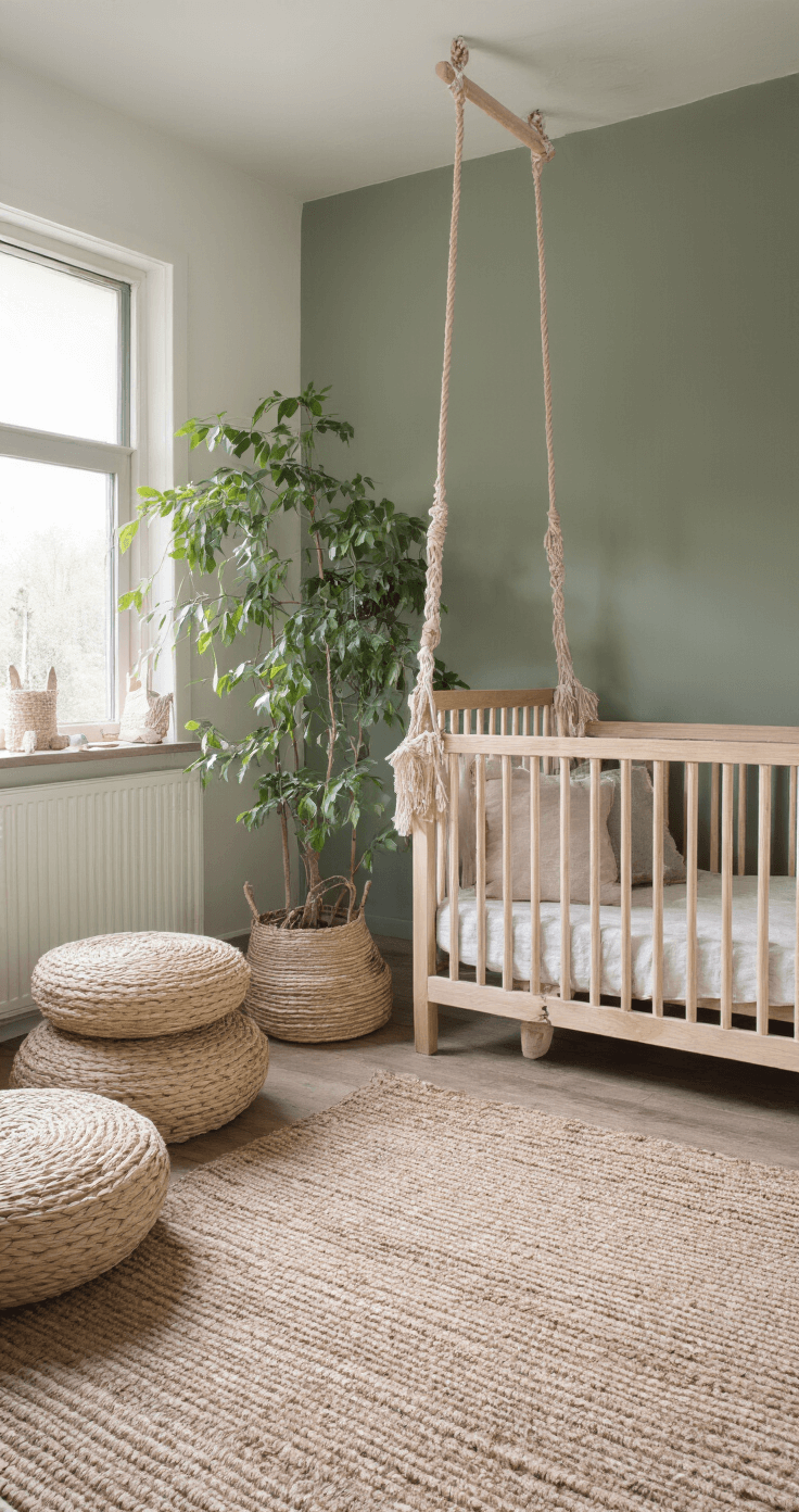 Ruime kinderkamer in natuurlijke tinten met lambrisering in zachtgrijs en mosgroene muur, houten schommelwieg met macramé details, grote plant in gevlochten mand en vintage tapijt in aardse tinten, vastgelegd vanuit een hoog perspectief.