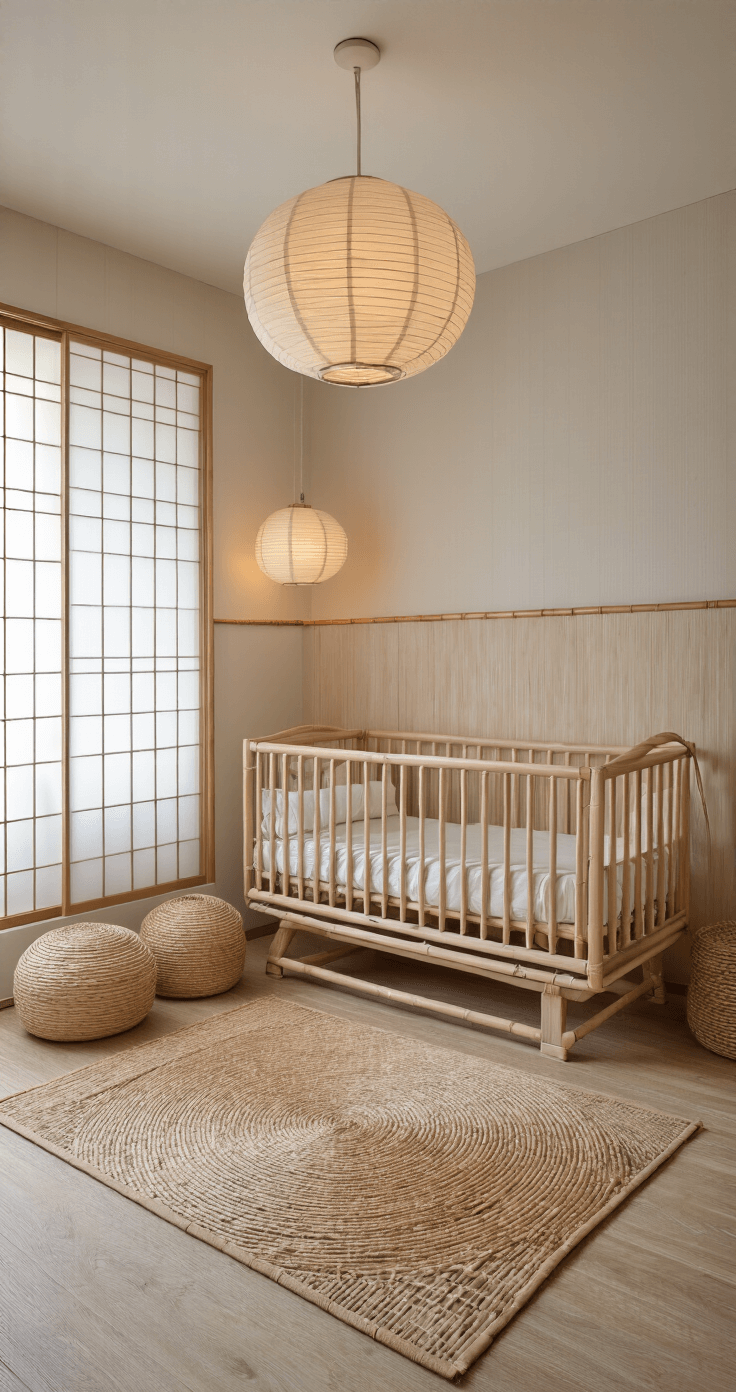Vierkante babykamer in Japandi stijl met shoji schermen, paper lamp verlichting, lage houten wieg op tatami mat, warm witte muren en bamboe accentwand. Minimalistische styling met rieten manden, linnen textiel en keramische objecten. Zensfeer met natuurlijke elementen. Symmetrische compositie op taillehoogte.