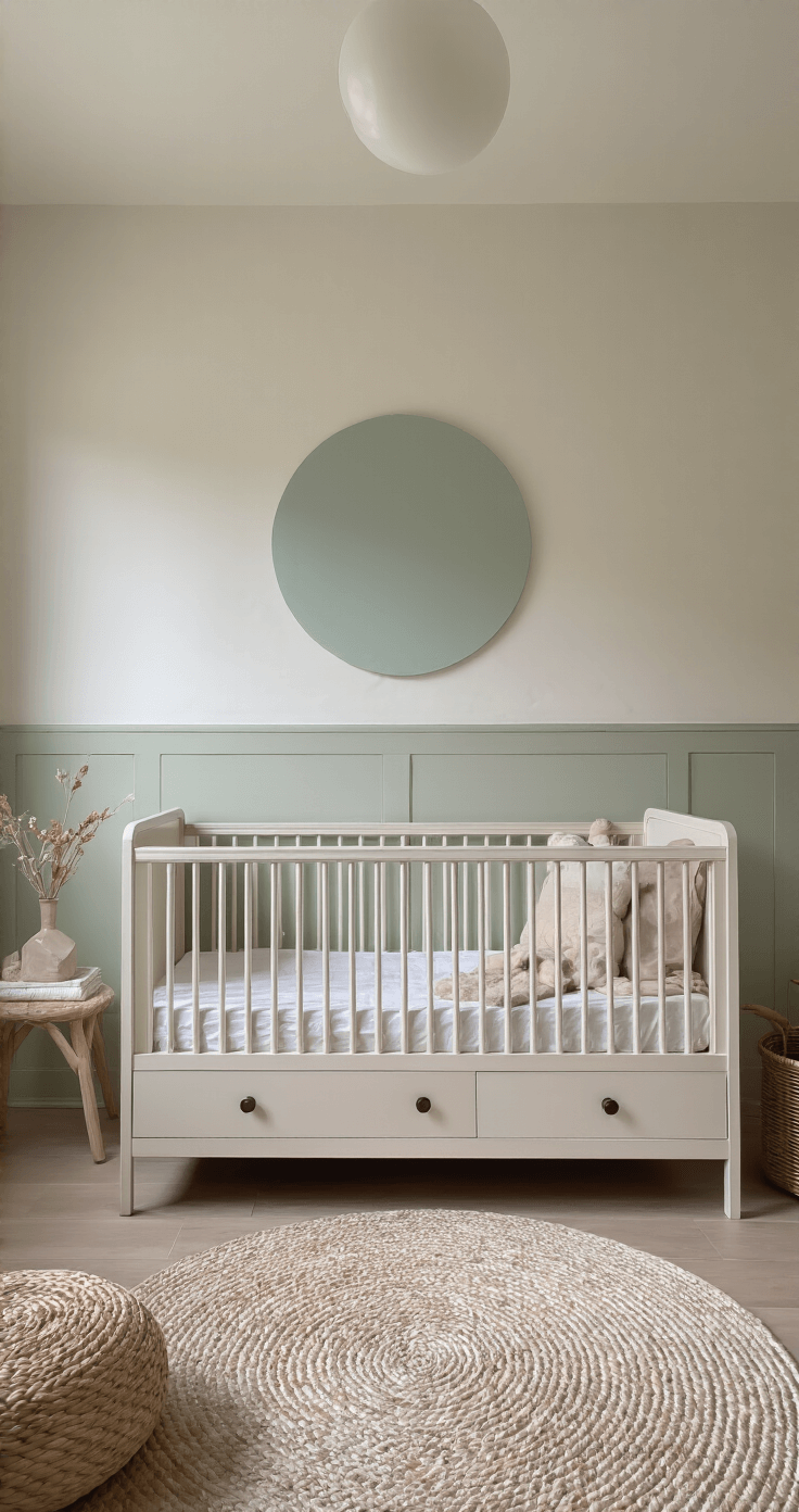 Kleine Babykamer Inrichten: Slimme Oplossingen voor Beperkte Ruimte Minimalistische babykamer van 2.5x2.5m met jaren '20 details, indirect daglicht door melkglas bovenlicht, krijtgrijs combibed tegen een zacht sage accentmuur, vintage ladekast in bijpassende tint, hangend organizer systeem met linnen zakken en een statement wandcirkel in zachte pastels.