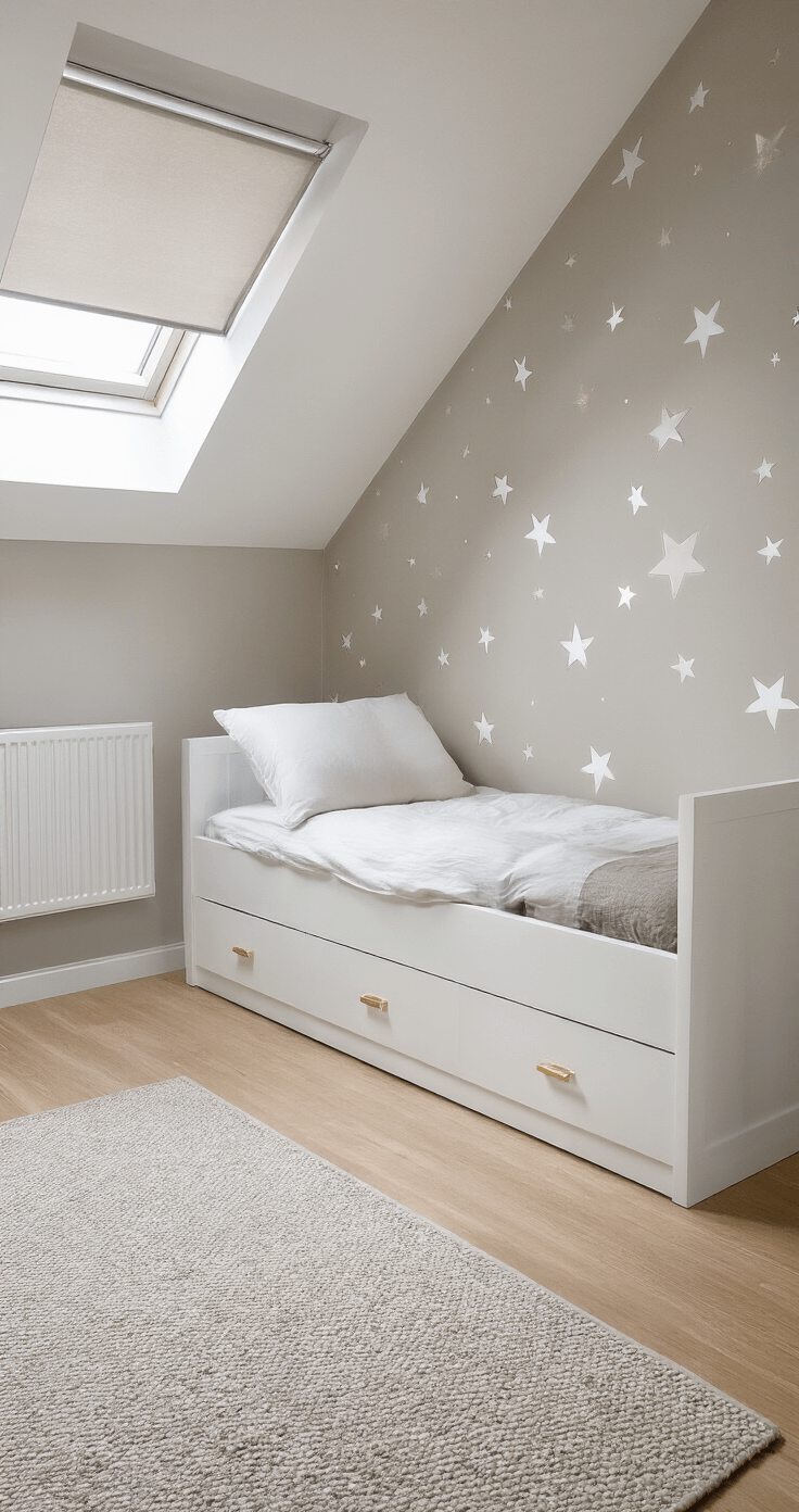 Kleine Babykamer Inrichten: Slimme Oplossingen voor Beperkte Ruimte Moderne zolderkamer met dakkapellen, lichtgrijze rolgordijnen, wit ledikant met opbergruimte, messing en witte wandrekken, warmgrijze tapijttegels, en een sterrenpatroon op de wand.