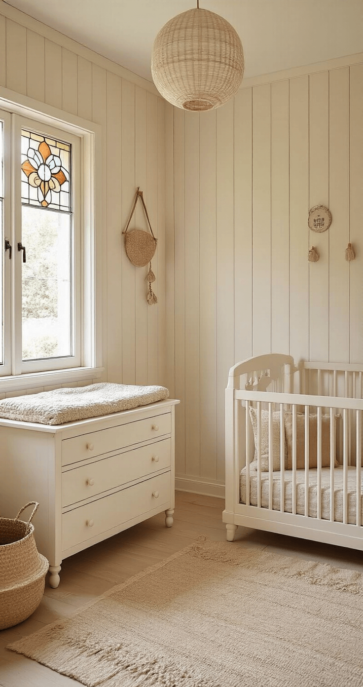Kleine Babykamer Inrichten: Slimme Oplossingen voor Beperkte Ruimte Knusse babykamer met vintage elementen, avondzon door glas-in-lood raam, omgebouwde commode als verschoontafel in oudwit, zwevend ledikant met opbergsysteem, wandplanken in steigerhout, zachte beige en crème texturen, handgemaakte mobile van natuurlijke materialen, intieme close-up.