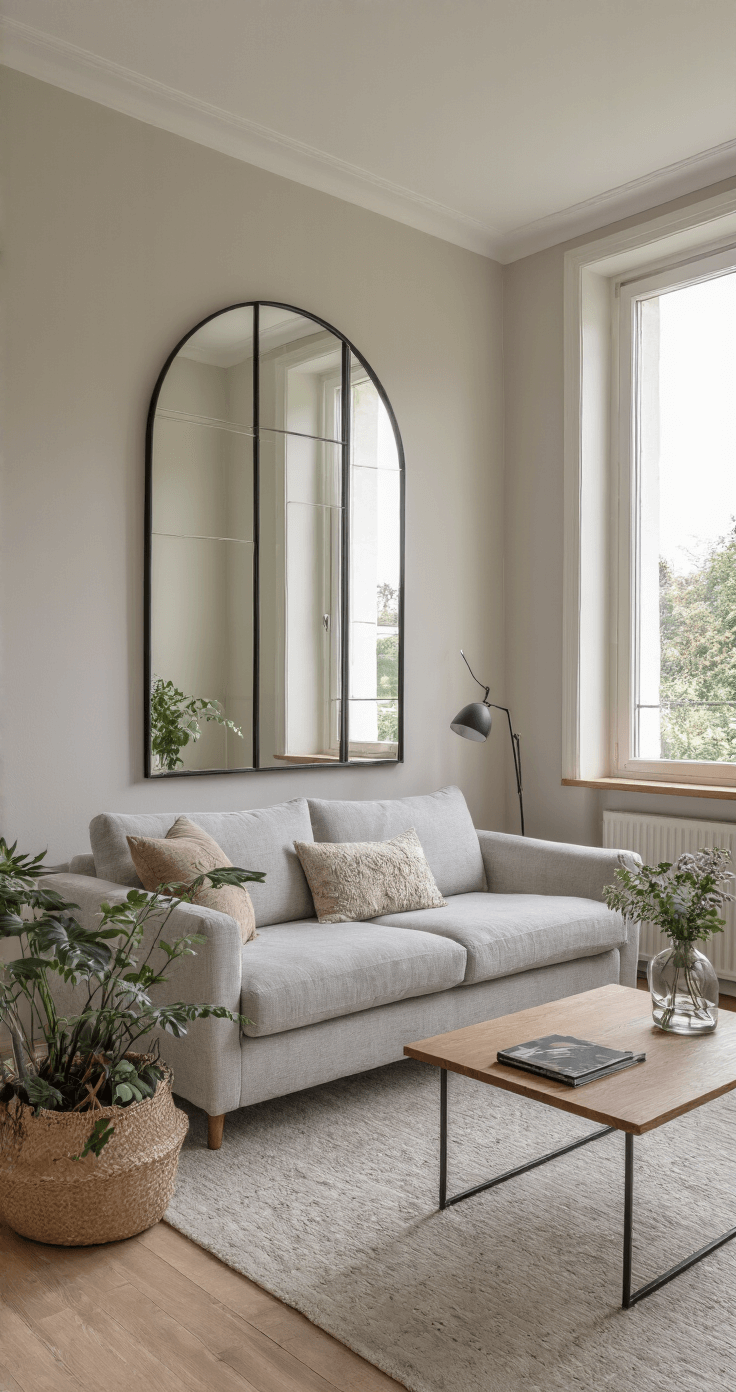 Compacte woonkamer van 4x5m met grote ramen, lichtgrijze zwevende bank, multifunctionele salontafel, warm gebroken witte muren en een grote spiegel. Zachte beige en lichtblauwe textielen met handgeweven kussens, verlicht door plafondspots en een designvloerlamp.