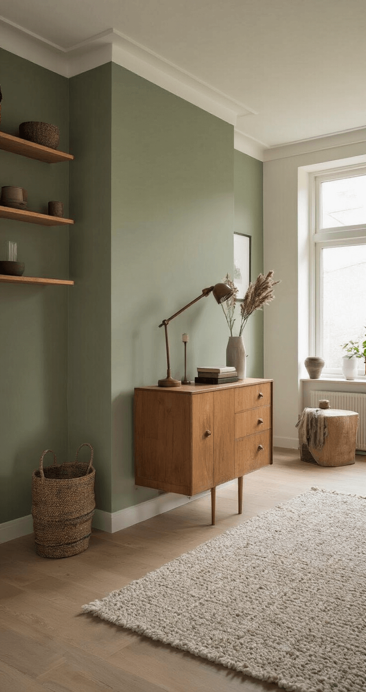 Verticaal ingerichte woonruimte van 3.5x6m tijdens het gouden uur, met wandvullend maatwerk in mat wit en zwevende planken. Een slank Scandinavisch dressoir in geolied eiken accentueert de ruimte. Lage camerahoek benadrukt de hoogte, terwijl warm indirect licht de texturen verlicht. Kleurpalet in zandtinten en vergrijsd groen met koperen accenten in de verlichting.