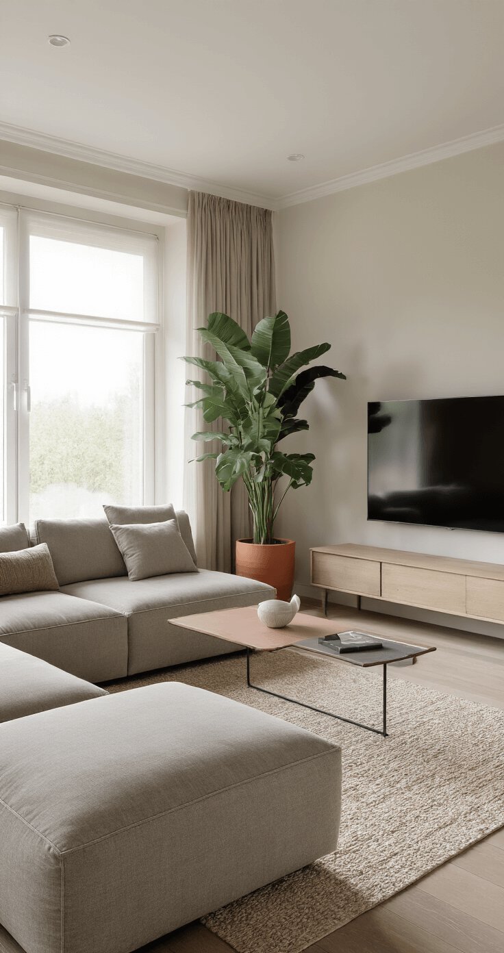 Minimalistische hoekwoonkamer met modulaire bank in greige linnen, grote monstera deliciosa in terracotta pot, en zwevend mat zwart TV-meubel, in ochtendlicht. Subtiele texturen en kleurenpalet van warm grijs, eucalyptusgroen en zacht terracotta.