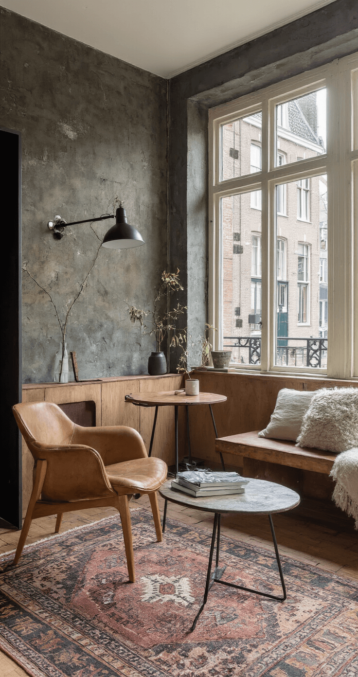 Intieme zithoek in stadsappartement met multifunctionele muurbank en vintage Perzisch tapijt. Industriële wandlampen zorgen voor sfeervolle verlichting. Texturen van geweven wol, gepatineerd leer en ruw hout in roestbruin, vergrijsd blauw en ecru.