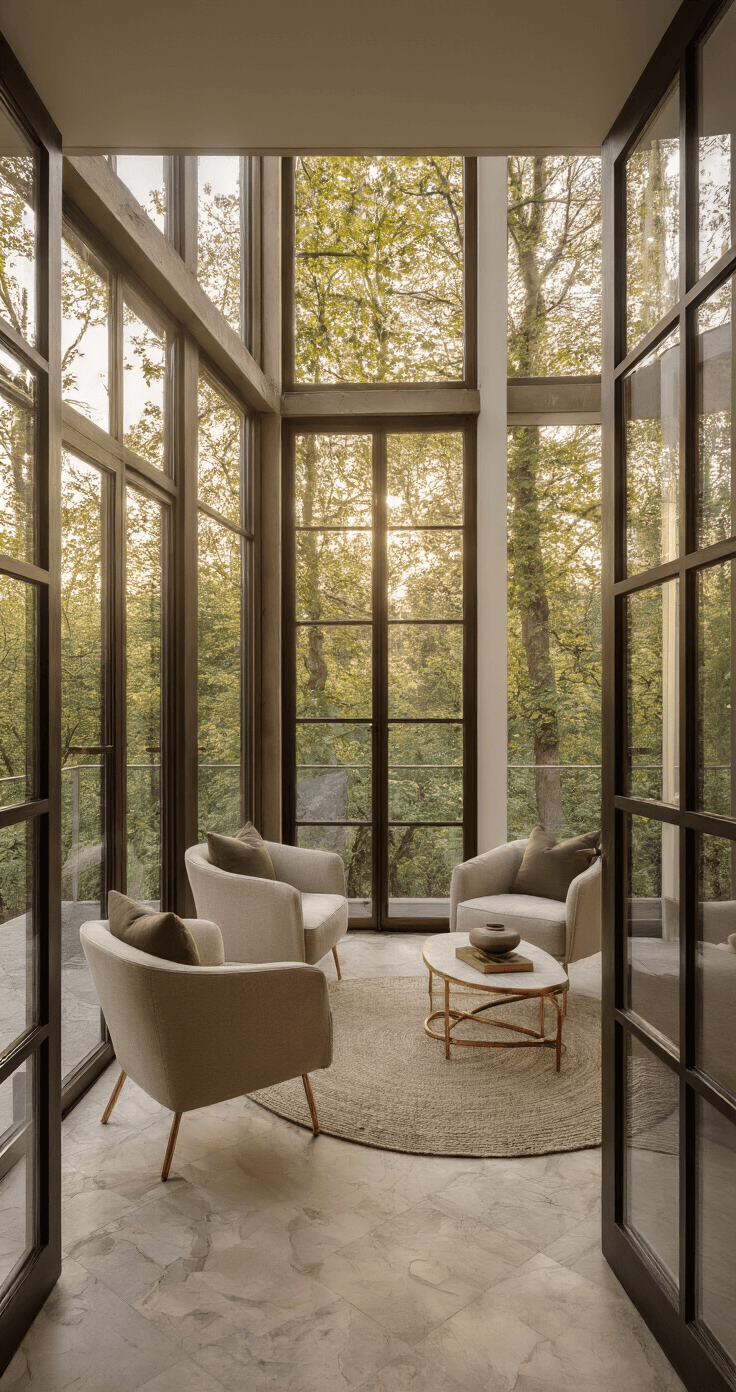 Moderne studiowoonkamer bij zonsondergang met flexibele zithoek, lichte fauteuils op koperen wielen, botanische prints in messing frames aan de galeriewand, en dramatich natuurlijk licht dat mengt met ambient verlichting. Materialen zijn gepolijst koper, zijdeachtig textiel, en mat marmer, in een palet van oudroze, mosgroen en roomwit.