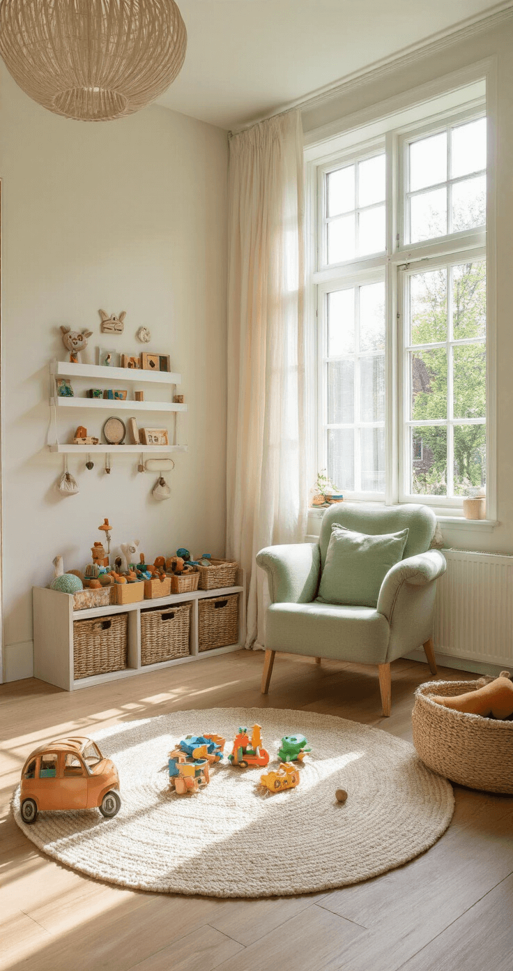 Gezellige speelhoek in lichte woonkamer met rieten opbergmand en vintage Scandinavische fauteuil, verlicht door zachte middagzon.