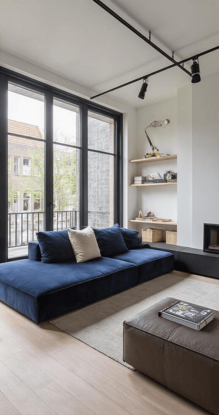 Moderne woonkamer met hoge plafonds en industriële details, featuring een L-vormige multifunctionele opbergbank in donkerblauw velours, strakke witte wanden met zwarte stalen kozijnen en een maatwerk wandmeubel van licht eikenhout voor speelgoedopberging, gefotografeerd met een breed perspectief in avondlicht.