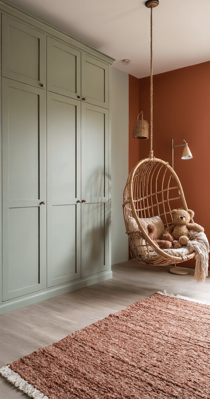 Knusse woonkamer met authentieke details, Scandinavische kastenwand in zachtgrijs, vintage Berber vloerkleed, rotan hangstoel, terracotta accentmuur, opnahme in hoekperspectief tijdens het gouden uur.
