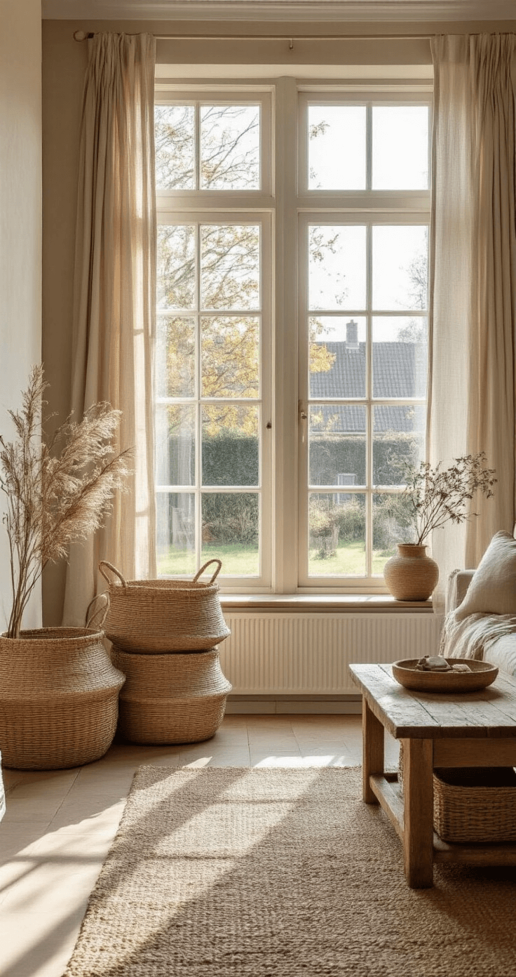 Lichte hoekwoonkamer met grote raampartijen, rustieke rieten manden gestapeld naast een traditionele schouw, linnen gordijnen in zandtinten, landelijke salontafel met opberglades, en muren in lichtwarmgrijs kalkverf, gefotografeerd in ochtendlicht met lange schaduwen.