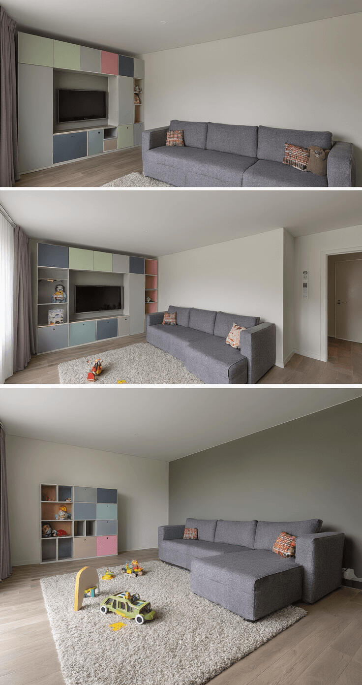 Moderne woonkamer met hoge plafonds, multifunctionele speelhoek met pastel modulaire opbergcubes, grote grijze hoekbank met opbergruimte, zwevend TV-meubel met speelgoedlades en een zwart-wit kleurschema, gefotografeerd vanuit vogelperspectief in dramatische avondverlichting.