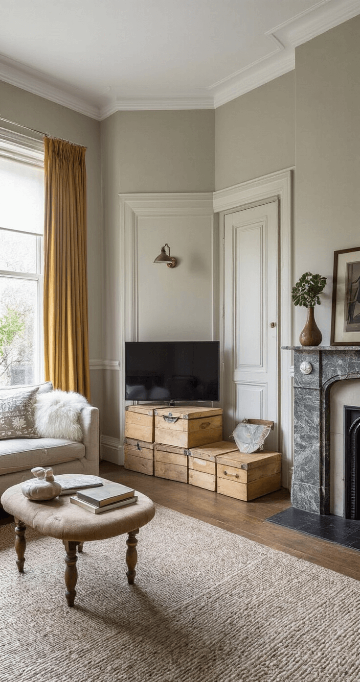 Karakteristieke jaren '30 woonkamer met erker, vintage uitstraling met moderne accenten, stapelbare houten opbergkisten in whitewash, mosterdgele fluwelen poef met opbergruimte, originele en suite deuren en een marmeren schouw, gefotografeerd op ooghoogte met een 50mm lens in natuurlijk zijlicht.