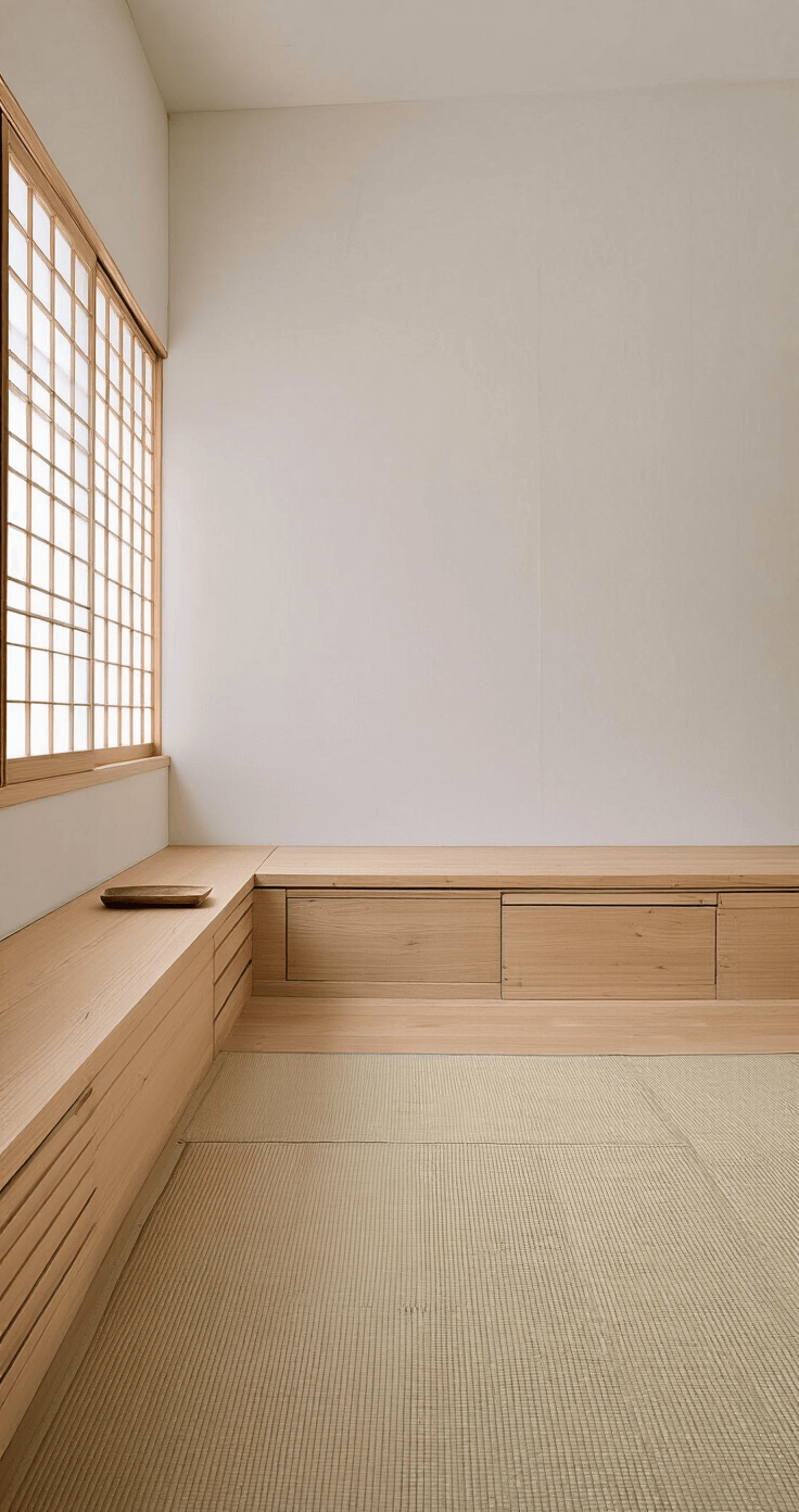 Een minimalistisch Japandi interieur met bamboe meubelen, ingebouwde wandnissen, tatami mat, rijstpapieren lampen en een zen-uitstraling, vastgelegd vanuit een laag perspectief in gedempte avondverlichting.