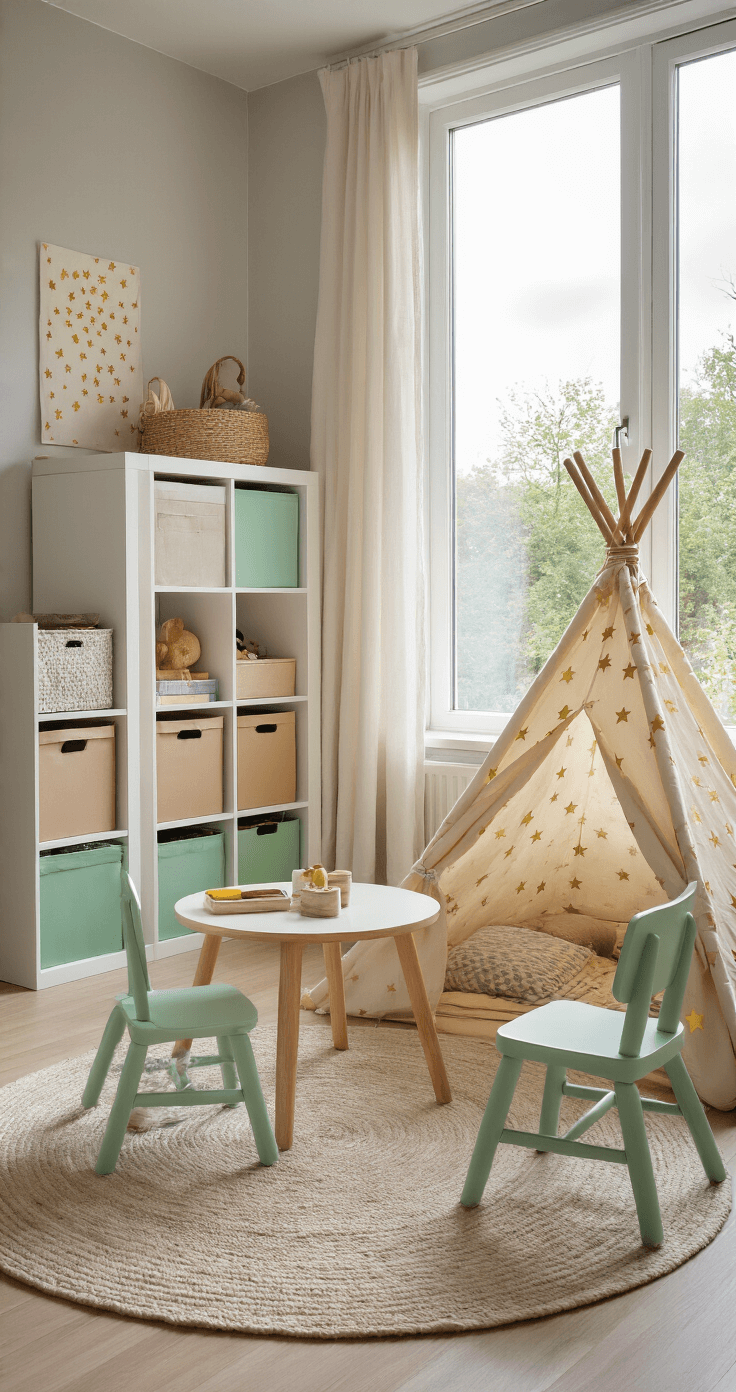 Een zonnige hoek van 3x3 meter in een woonkamer met een witte IKEA KALLAX kast gevuld met kleurrijke opbergboxen, een naturel houten kindertafeltje met mintgroene stoeltjes op een pastelgekleurde vloerkleed, en een crèmekleurige tipi-tent met gouden sterrenprint, verlicht door natuurlijk licht dat door grote ramen valt.