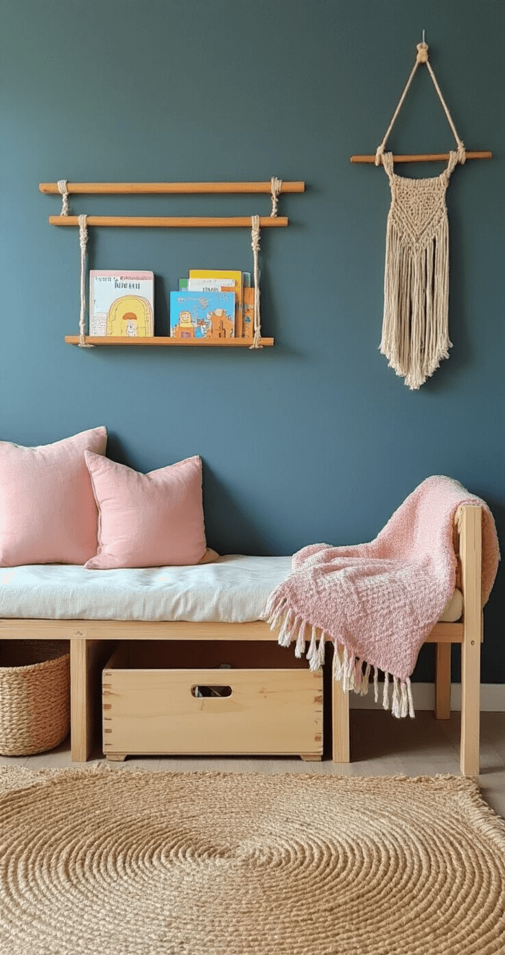 Intieme speelhoek met donkerblauwe bank, vintage speelgoedkist, houten wandrek met kinderboeken en lampionnen, zitzak op jute tapijt, macramé wandhanger, sfeervolle verlichting.
