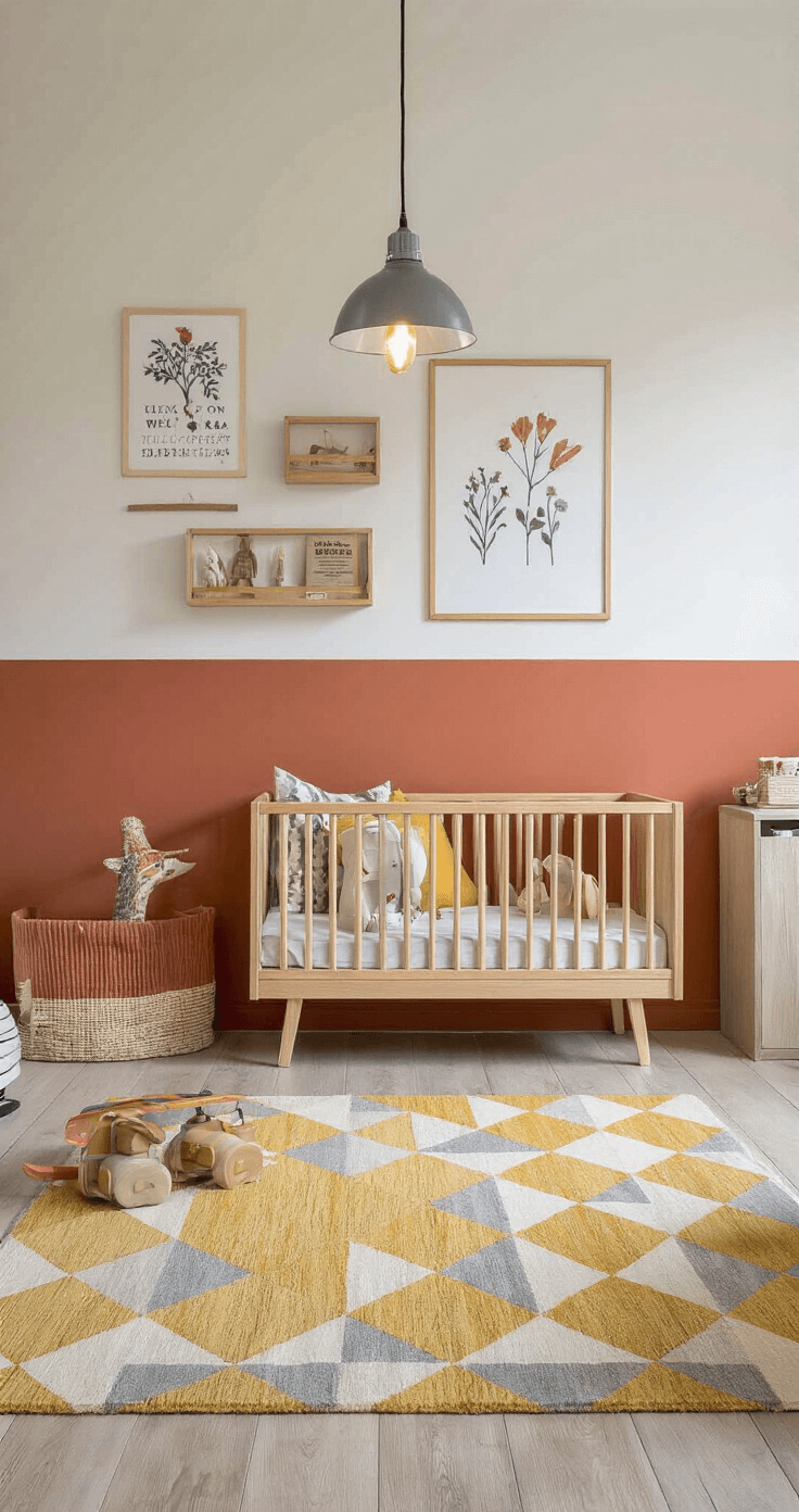 Kinderspeelhoek met Scandinavisch design in terracotta, featuring een licht eiken bureau, ergonomische stoel, zwevende planken met botanische prints en posters, een geometrisch vloerkleed in mosterdgeel en grijs, en een vintage metalen lamp die warm indirect licht geeft.