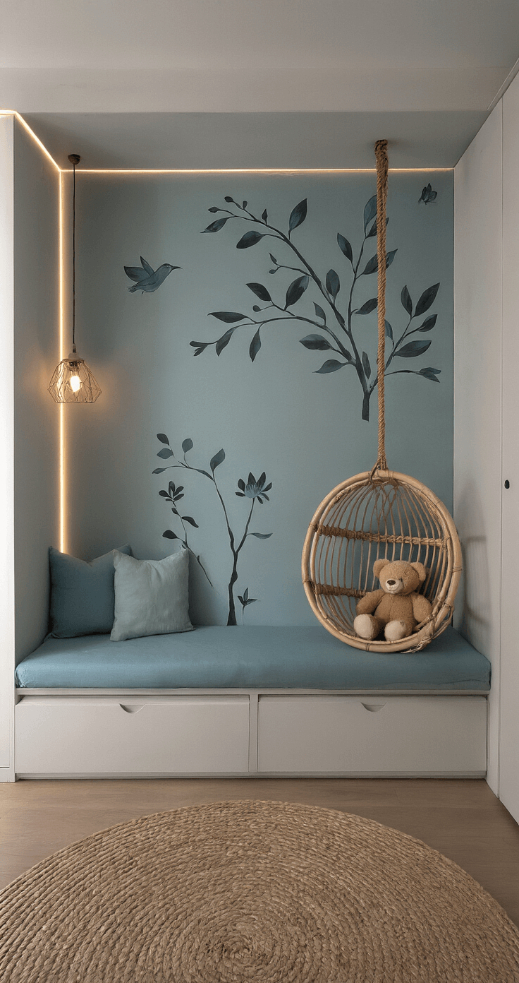 Minimalistische speelplek in een alkoof met ambient verlichting, uitgerust met een modulair poederblauw zitmeubel, muursticker decoraties van bladeren en dieren, en een hangende rotan schommelstoel.