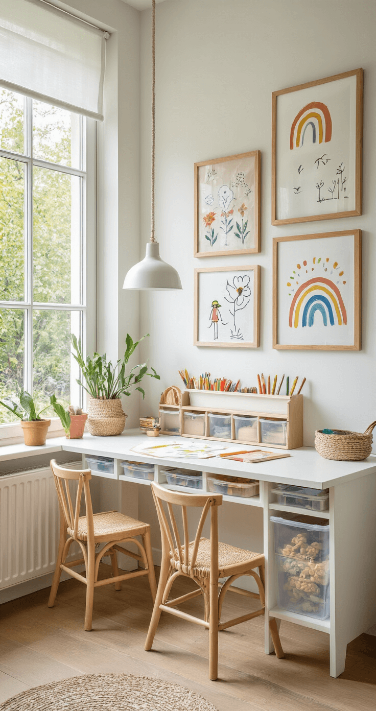 Kunstzinnige kinderhoek met verstelbare tekentafel, transparante opbergbakjes, ingelijste kindertekeningen, berken krukjes met regenboog zitvlak en macramé plantenhanger, verlicht door natuurlijk middaglicht.