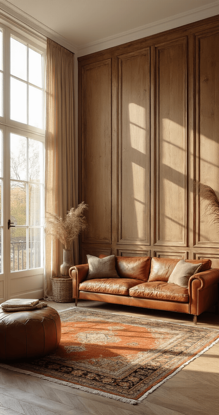 Ruime woonkamer met hoge plafonds, grote ramen en een statement muur van gerookt eiken wandpanelen. Warme zonnestralen verlichten de cognackleurige leren bank en terracotta vintage perzisch tapijt, met messing accessoires in een sfeervolle setting tijdens golden hour.