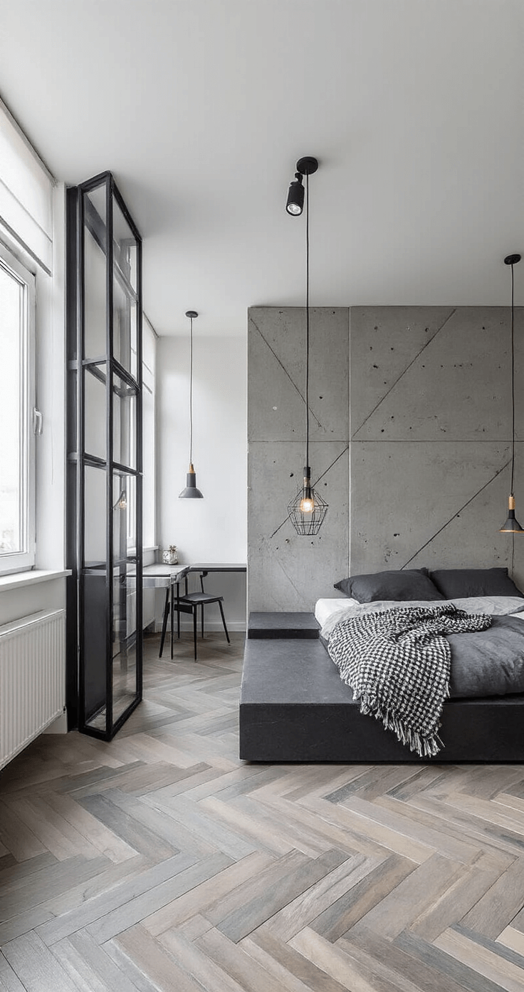 Moderne studio-apartment met industriële betonlook wandpanelen, geometrische schaduwen door spotverlichting, minimalistisch zwart en grijs meubilair, en een grote frameloze spiegel, gefotografeerd tijdens blauwe uur vanaf vloerniveau.