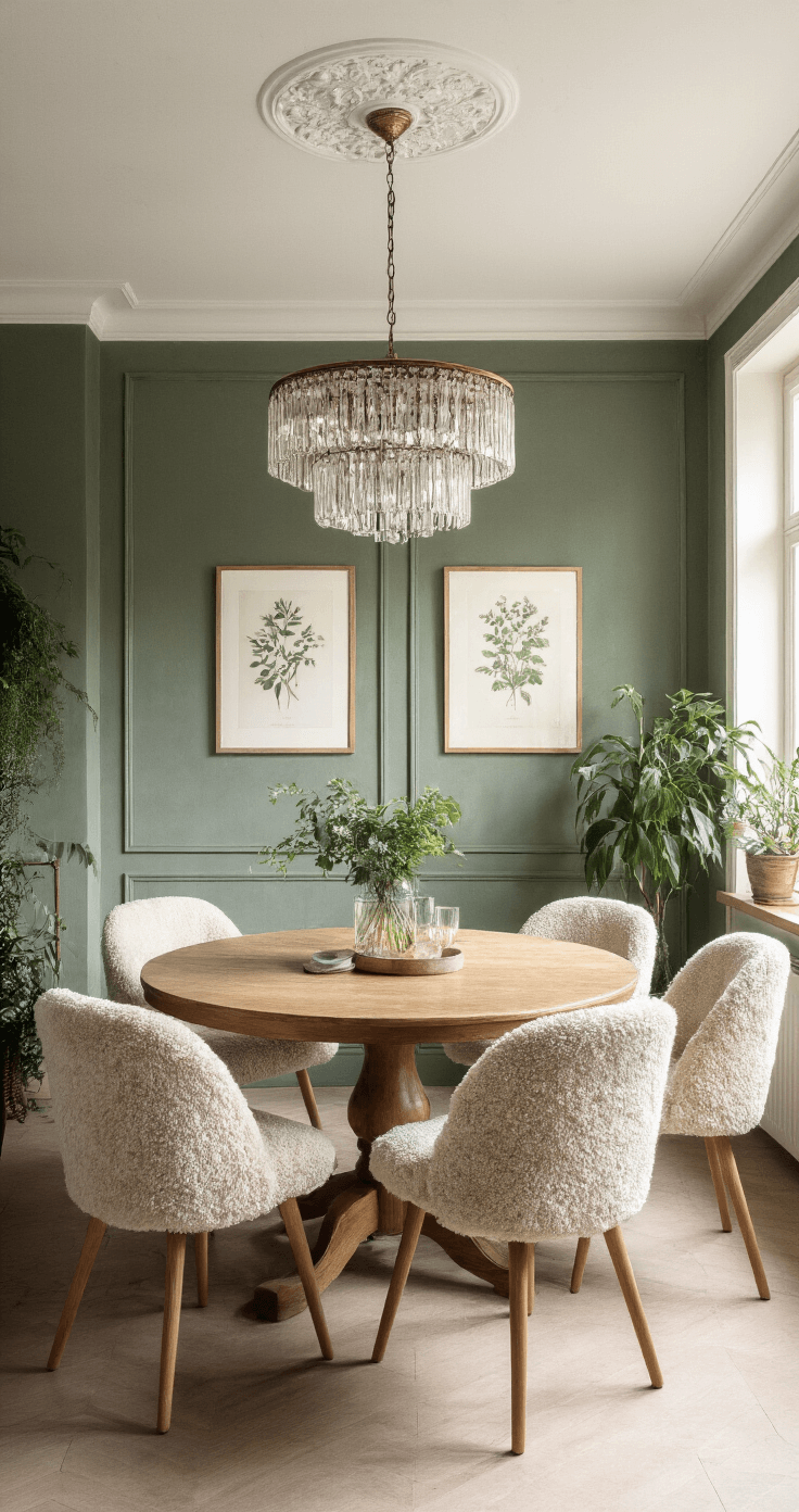 Knusse eetkamer met akoestische wandpanelen in zachtgroen velours, ronde eiken eettafel met six bouclé stoelen, vintage kristallen kroonluchter, botanische prints en hangplanten, vastgelegd in diffuus natuurlijk licht.