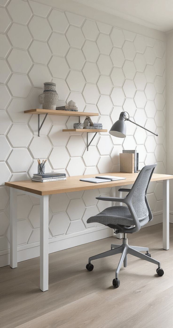 Een thuiskantoor van 3x4m met 3D hexagonale wandpanelen in mat wit, een Scandinavisch bureau van licht hout, en een grijze mesh ergonomische stoel. Het interieur bevat zwevende planken met designobjecten en boeken, en wordt verlicht door zacht noorderlicht dat door vitrage valt. Detailopname met focus op textuur.