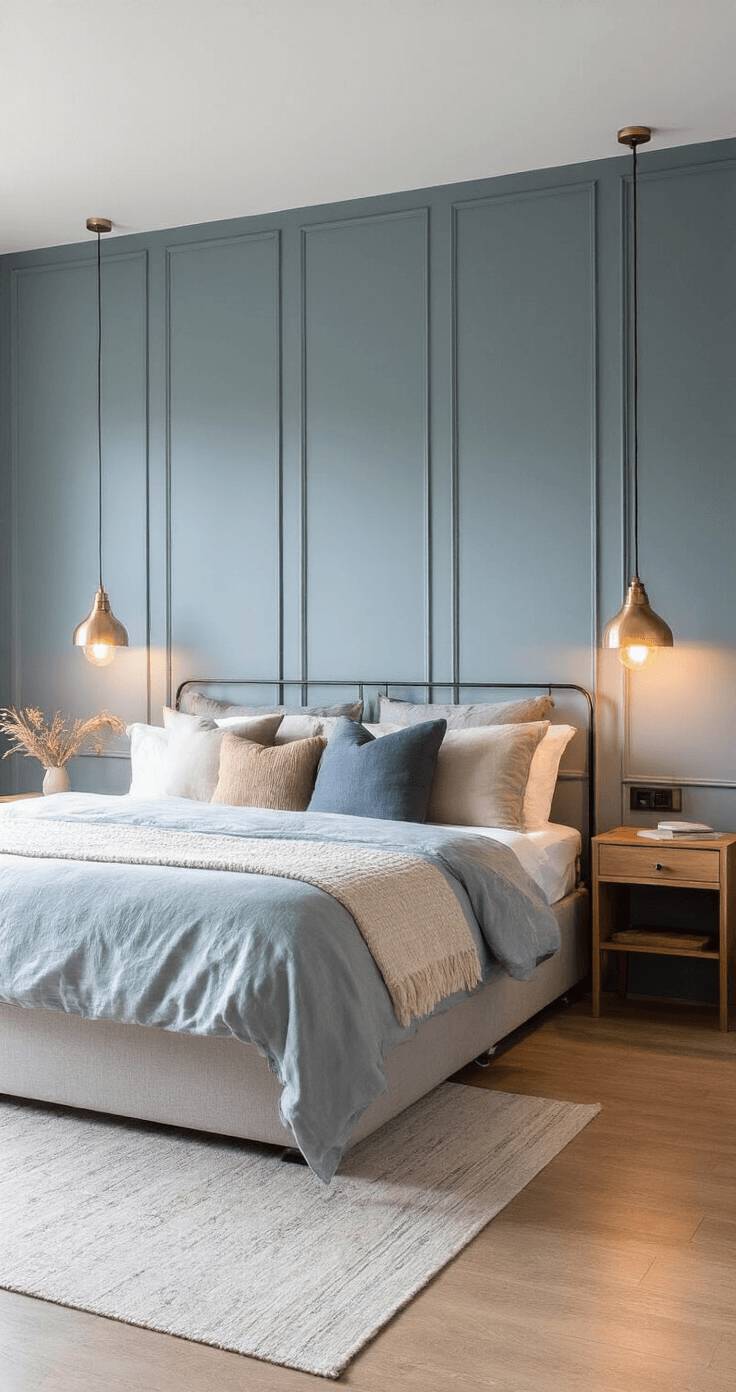 Intieme slaapkamer met nachtblauwe fluweel gewatteerde wandpanelen, een king-size bed met grijs linnen beddengoed, messinging wandlampen en een parelmoeren vloerkleed, gefotografeerd in schemerlicht.