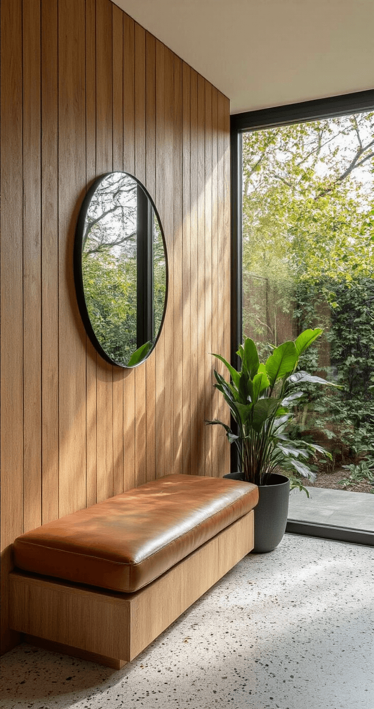 Entreehal met gebleekte eiken verticale lamelwandpanelen, een zwevend cognac leren zitbankje, grote ronde spiegel met zwart frame, terrazzo vloer in grijstinten met koperen inleg en hoge plantenbak met slangenplant, gefotografeerd in extreme portretoriëntatie met natuurlijk tegenlicht.