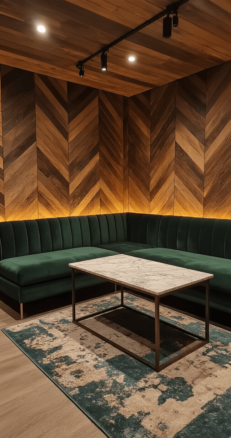 Loungehoek met houten wandpanelen in visgraatpatroon, diepgroen velours bank, marmeren salontafel en vintage vloerkleed. Dimbare wandspots zorgen voor een sfeervolle ambiance, met menselijke aanwezigheid in een warme, cinematografische setting.