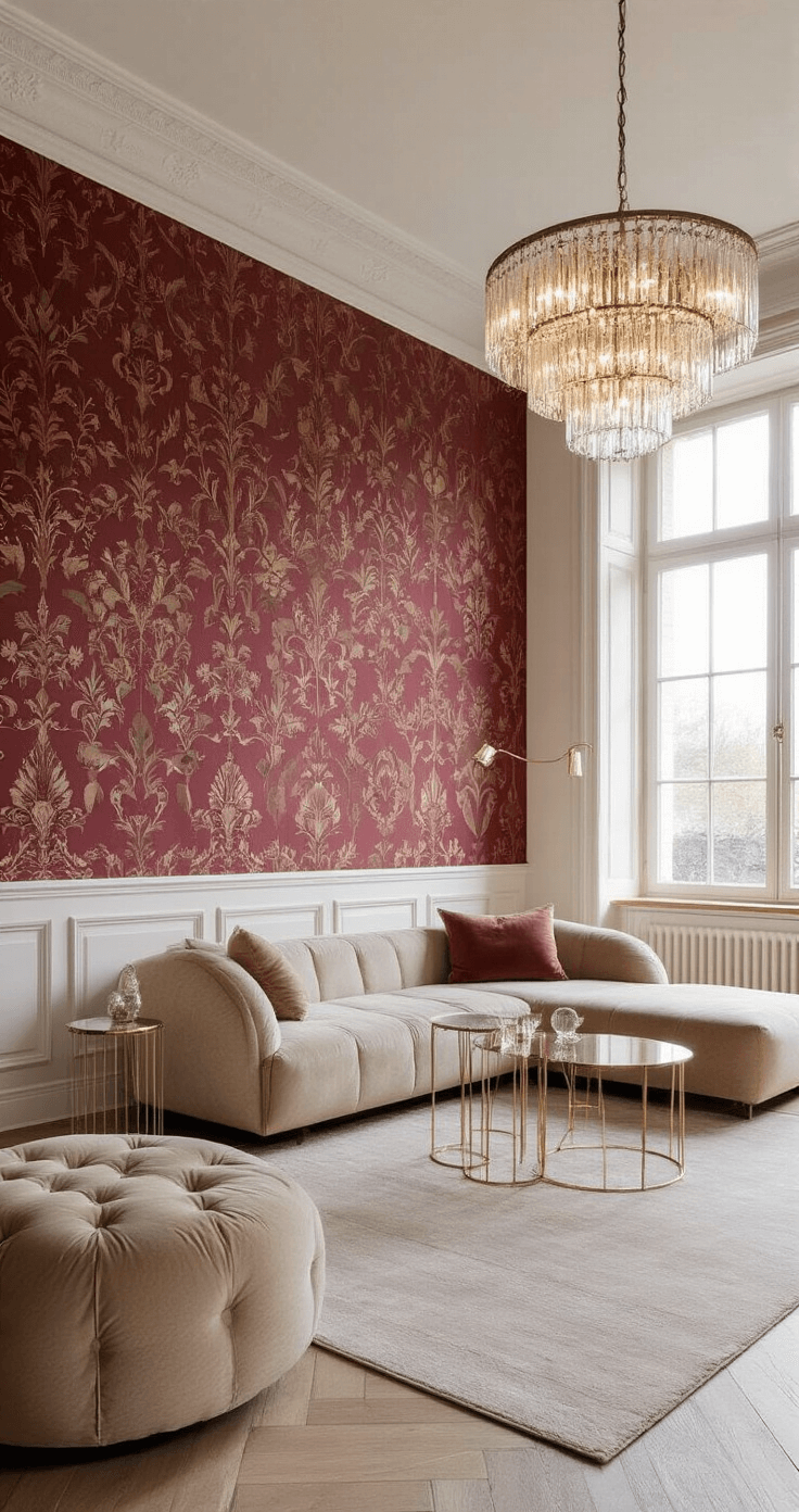 Ruime klassieke woonkamer met hoge plafonds, grote ramen en bordeauxrood behang. Champagnekleurige velours hoekbank, messing bijzettafels en kristallen kroonluchter. Gefotografeerd tijdens golden hour met zachte bokeh.