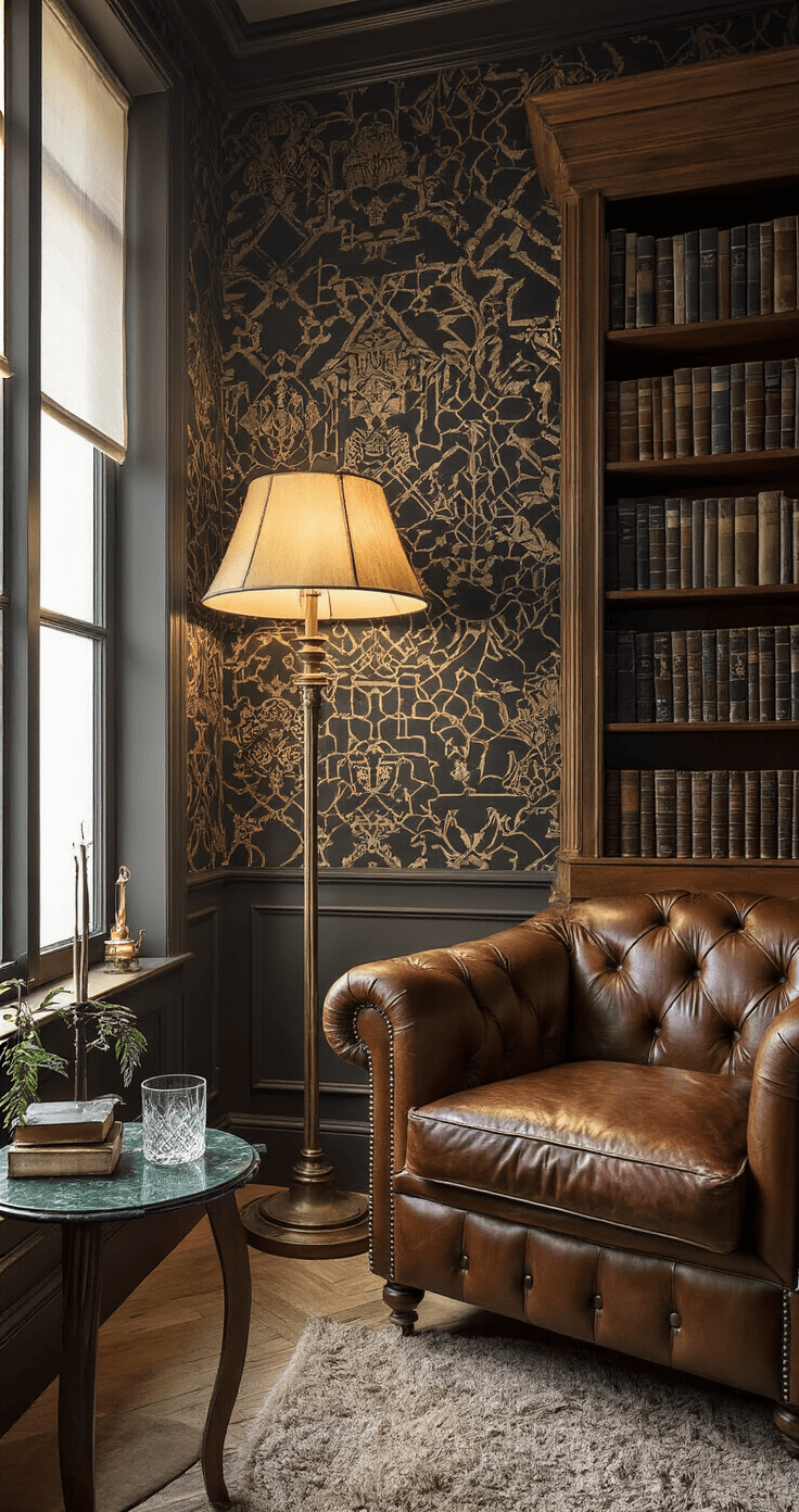 Intieme studeerkamer met zwart fluwelen behang en gouden patronen, voorzien van een vintage Chesterfield fauteuil, antieke boekenkast, en een groene marmeren sidetable. Warm licht van een messing lamp creëert dramatische schaduwen.