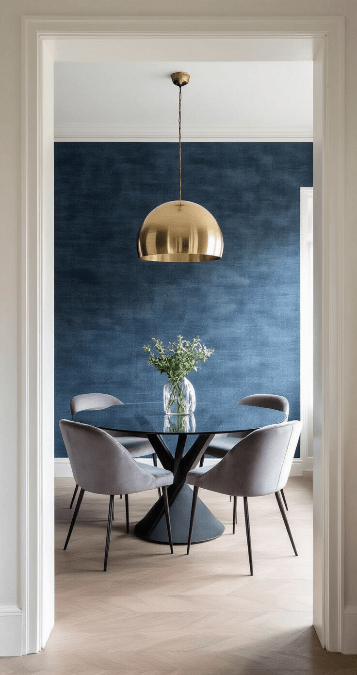 Moderne eetkamer met diepblauwe statement-muur, glazen eettafel en fluwelen stoelen in pearl grey, verlicht door ochtendlicht via grote ramen.