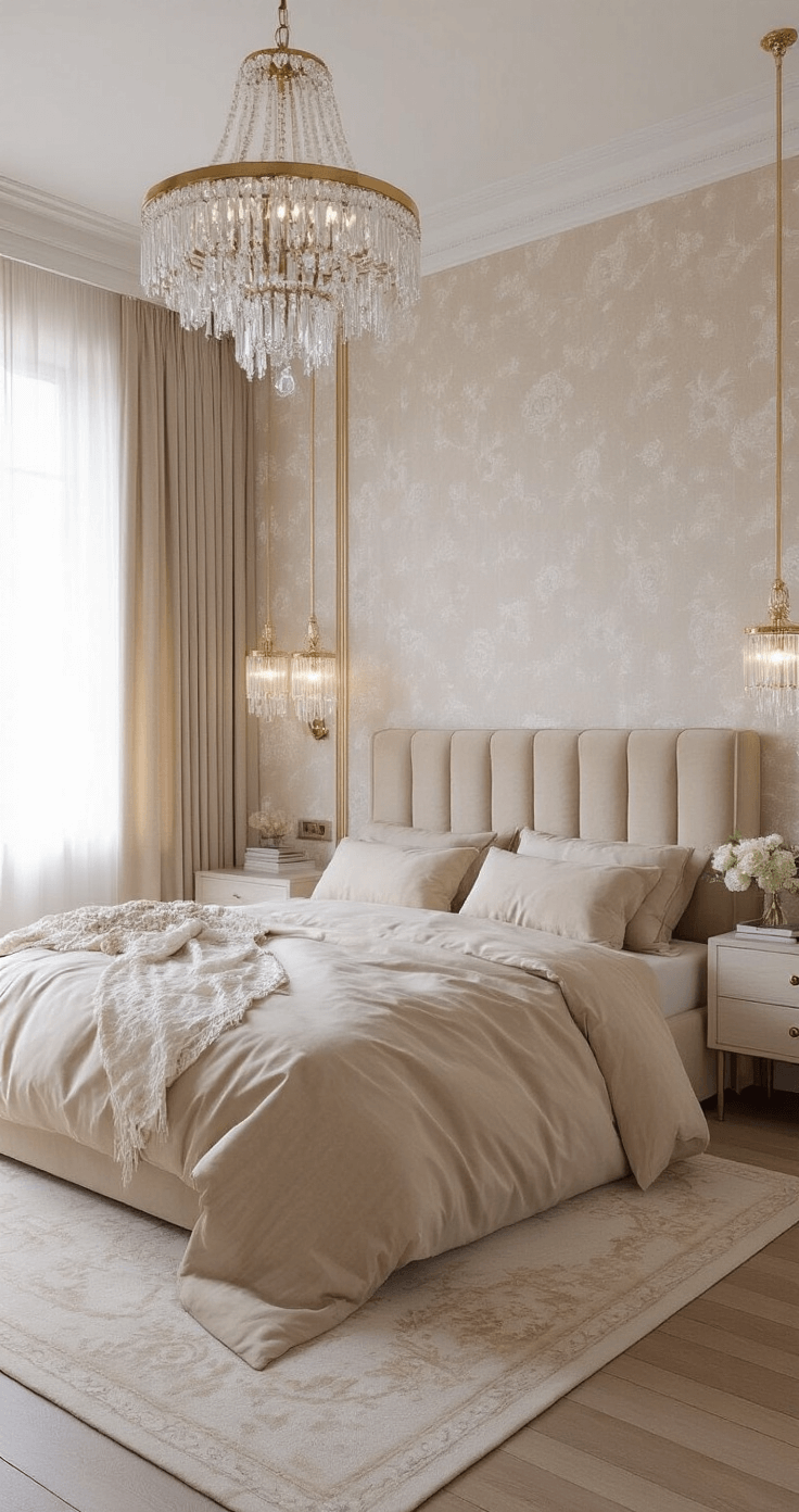 Luxe hoofdslaapkamer met parelmoer linnen behang in zachte beige tinten, king-size bed met champagnekleurig velours hoofdbord en zijden beddengoed. Vergulde spiegels en kristallen wandlampen creëren een dromerige sfeer, met ochtendlicht door voile gordijnen.