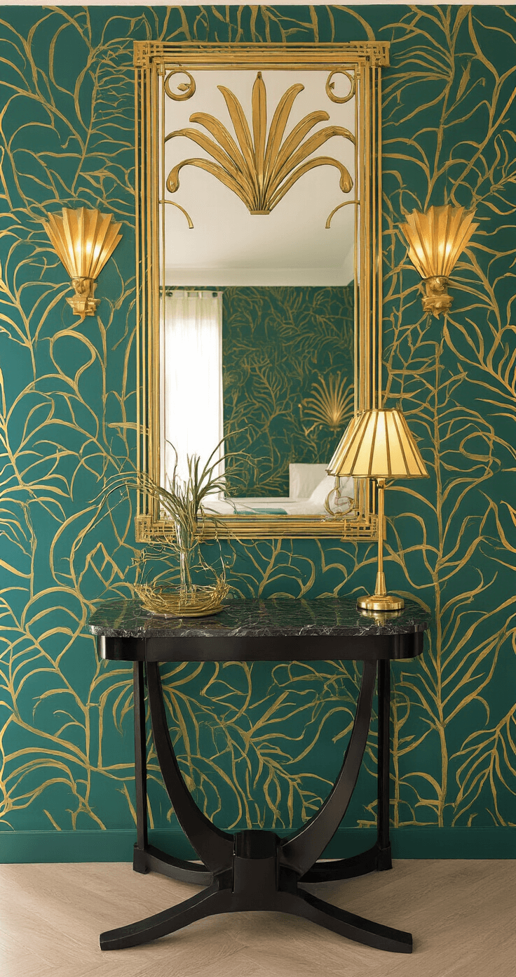 Elegante entreehal met hoog emerald groen vinyl behang met gouden palmbladpatroon, antieke consoletafel van zwart marmer, grote gouden spiegel, en geometrische schaduwen van Art deco wandlampen.