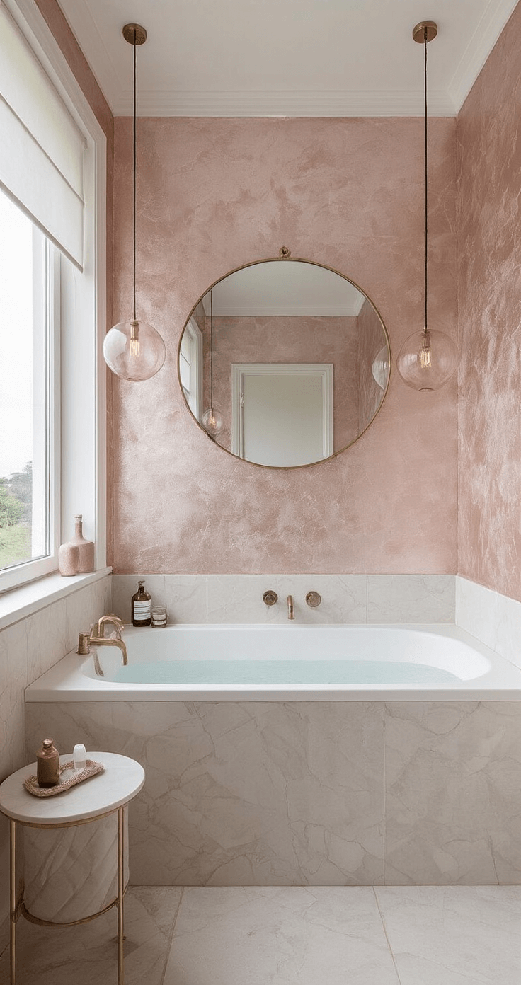 Boutique badkamer met parelmoer metallic behang in zachtroze, vrijstaand wit marmeren bad, messing kranen en accessoires, Venetiaanse spiegel met geëtst patroon, diffuus daglicht door matglas raam, gefotografeerd vanuit een hoek van 45 graden met nadruk op texturen.