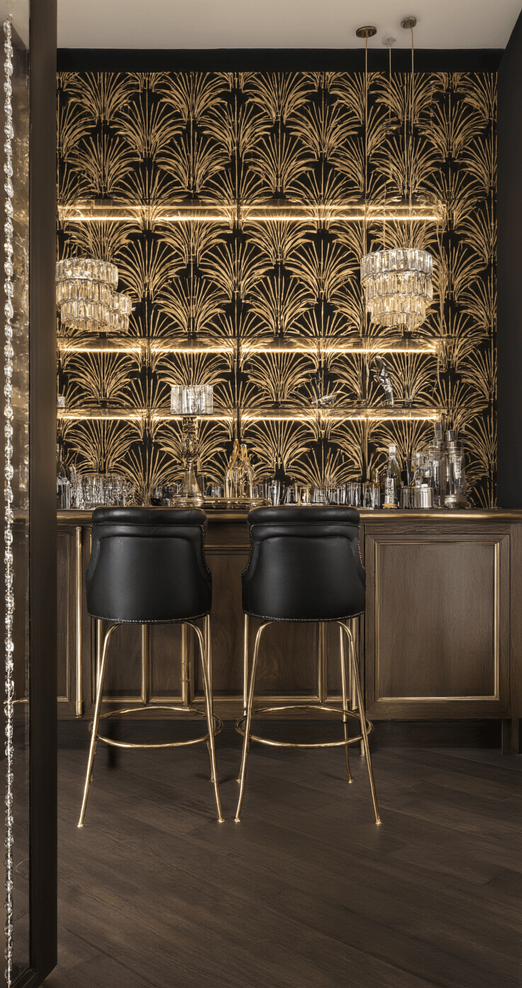 Stijlvolle thuisbar met zwart fluwelen behang en art deco patronen, ingebouwd barmeubel in donker eiken, koperen bartools met zwart leer, verlichte glazen planken met kristallen glazen, avondverlichting en dimbare spots.