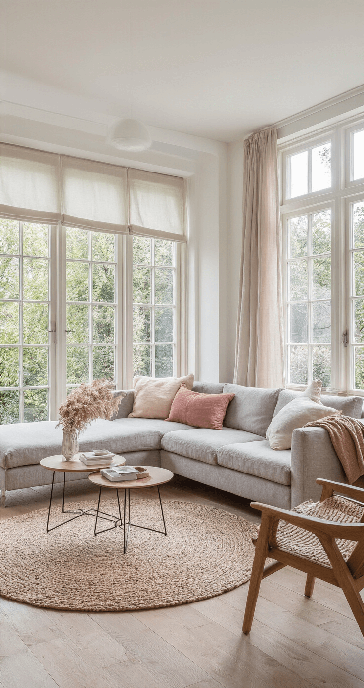 Een lichte woonkamer met grote raampartijen, een lichtgrijze bouclé bank, eiken bijzettafels en een natuurlijk wollen vloerkleed, verlicht door ochtendlicht dat door sheer linnen gordijnen stroomt, accessoires in poederroze en cognac, gefotografeerd vanuit een laag standpunt met zachte schaduwen.