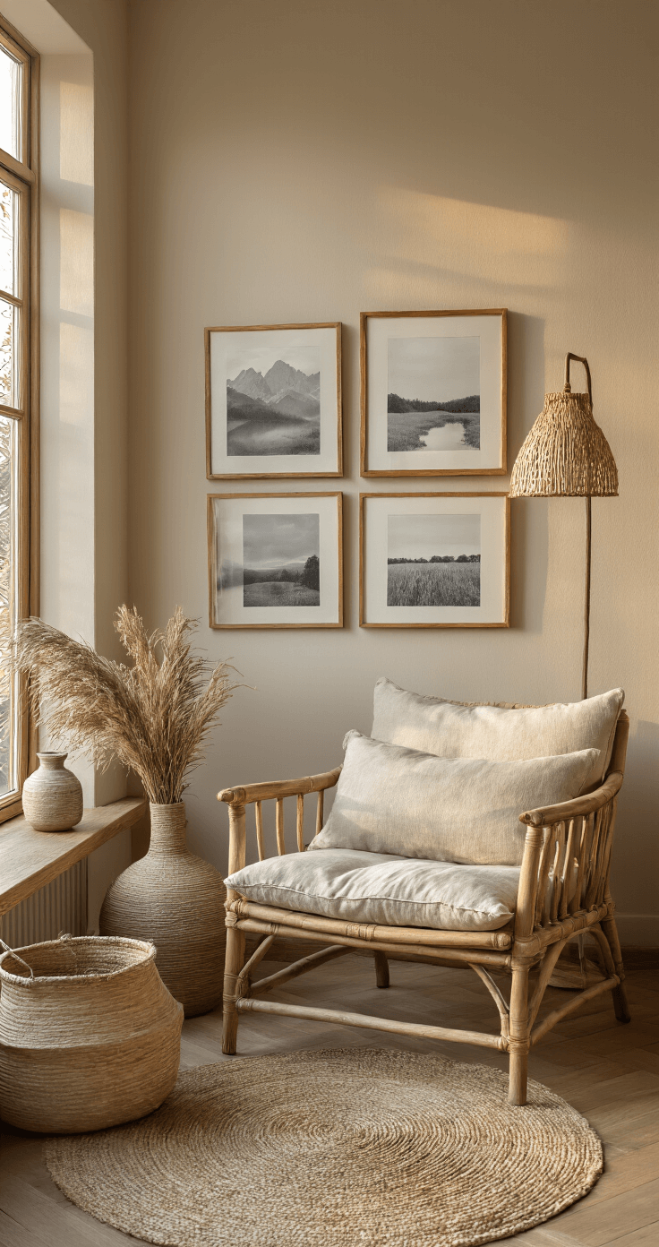 Intieme zithoek met walnotenhouten fauteuil, beige linnen kussens, rotan lamp, zwart-wit prints in eiken lijsten en keramische vazen, verlicht door warm gouden licht.