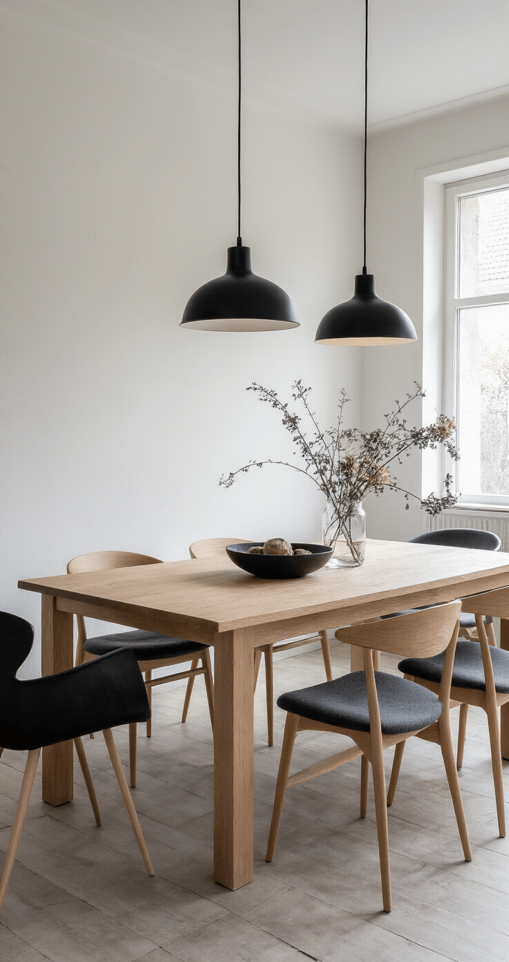 Minimalistische eethoek met beukenhouten tafel en zes Scandinavische stoelen, verlicht door zwarte pendantlampen en omringd door droogbloemen in natuurstenen schalen, tegen een textuurrijke witte muur.